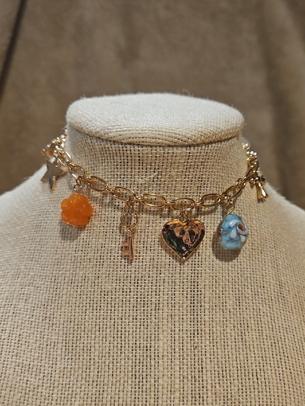 Gold Charm Chain Bracelet with Orange Flower & Blue Glass Beads